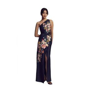 BHLDN Women’s One-Shoulder Floral Satin Gown Navy Elegant Formal Dress – Size 6